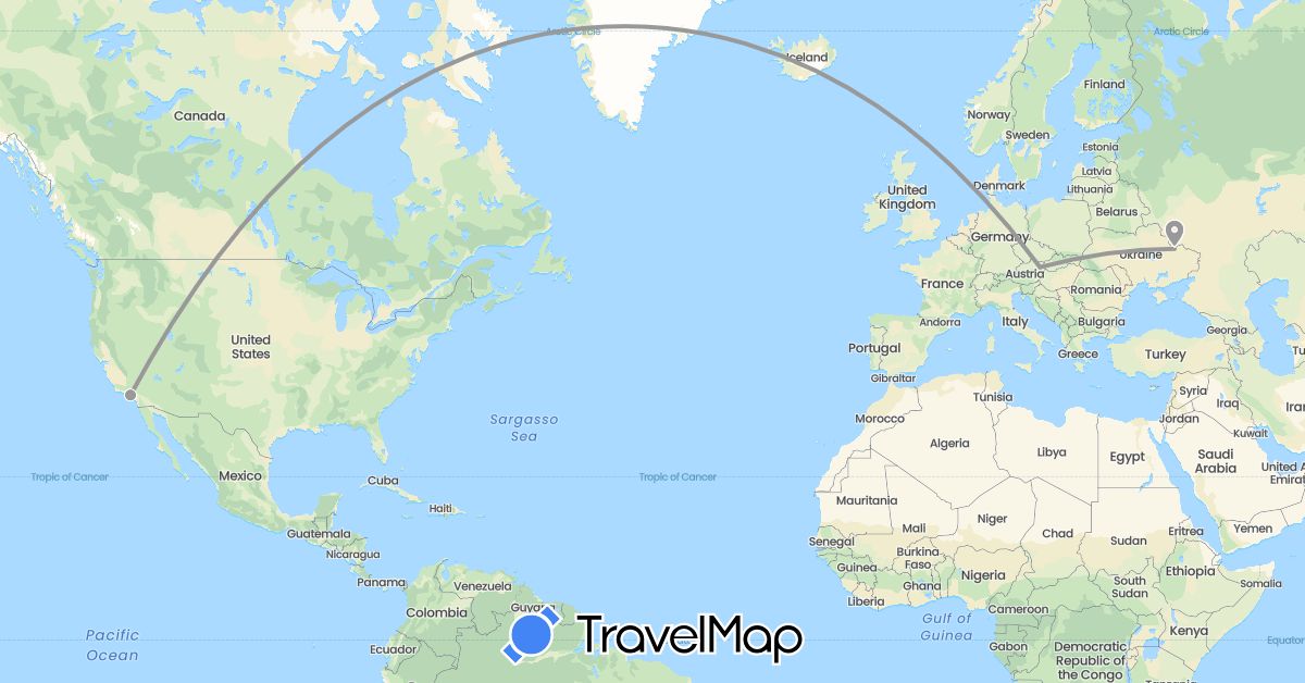 TravelMap itinerary: driving, plane in Austria, Ukraine, United States (Europe, North America)
